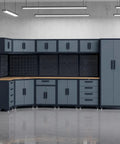 Tough As Nails 16 Piece Metal Garage Cabinet Collection Featuring modular wall units and drawer stations in grey.