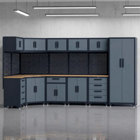 Tough As Nails 16 Piece Metal Garage Cabinet Collection Featuring modular wall units and drawer stations in grey.