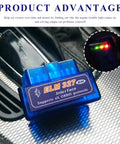 ELM327 OBDII Car Diagnostic Scanner With Bluetooth Pro Auto Code Reader inserted in vehicle OBD2 port with LED lights