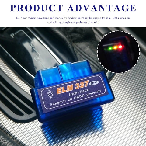 ELM327 OBDII Car Diagnostic Scanner With Bluetooth Pro Auto Code Reader inserted in vehicle OBD2 port with LED lights