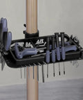 Beefy Pro Grade Aluminum Bike Repair Stand's tool tray with screwdrivers and wrenches, showcasing integrated accessory storage.