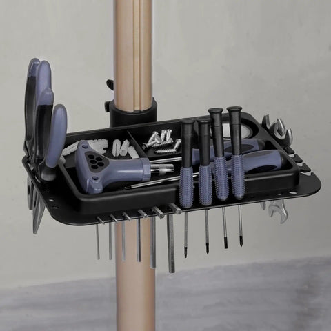 Beefy Pro Grade Aluminum Bike Repair Stand's tool tray with screwdrivers and wrenches, showcasing integrated accessory storage.