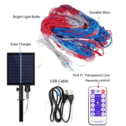 Lit Patriotic Outdoor Flag Lights With 420 LED, Waterproof American Flag Net Lights, 8 Modes, solar charger and USB cable details