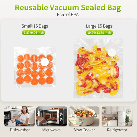 Reusable vacuum sealed bags, small and large sizes, compatible with Portable Vacuum Sealer For Food With Detachable And Visible Water Tank