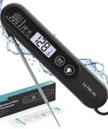 Ultra Fast Digital Meat Thermometer With Backlight And Foldable Probe, displaying 128.6°F, surrounded by water splash. Box visible.
