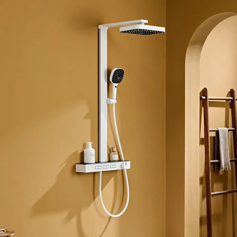 Exposed Shower Faucet System Piano Key Diverter Control White mounted on wall with rain shower head and hand shower.
