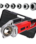 Heavy Duty 2300W Electric Pipe Threader Kit With Pure Copper Motor And Six Carbon Steel Dies For Iron Galvanized And Plastic Pipes Includes Complete Accessories And Rugged Carrying Case For Pros with red handle and holding six cutting dies.