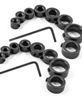 Drill Stop Bit Collar Set With Allen Wrench For Precision Drilling, Includes various sizes, black metal rings and wrenches visible