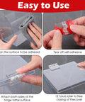 Step-by-step guide showing how to install 20 Pcs Self-Adhesive Clear Acrylic Hinges 35x25mm on a transparent surface.