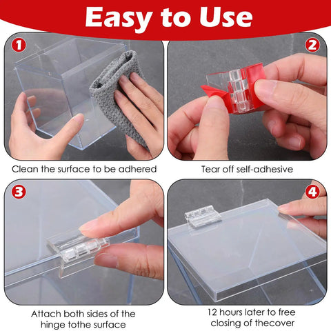 Step-by-step guide showing how to install 20 Pcs Self-Adhesive Clear Acrylic Hinges 35x25mm on a transparent surface.