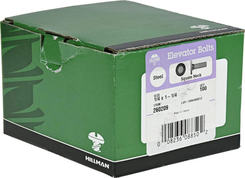 Hillman Elevator Bolts, front view, 1/4 x 1-1/4, steel with black phosphate, square neck, box of 100