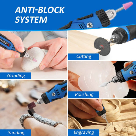 Cordless Rotary Tool Kit For Small DIY Projects With 72 Accessories, 3 Speed USB Fast Charging shown sanding and engraving