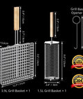 Removable Wooden Handle Grill Basket Set With 304 Stainless Steel Rolling BBQ Tools, rectangular and hexagonal baskets with sizes.