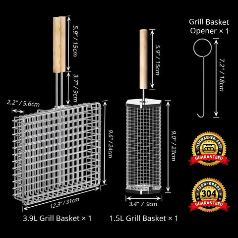 Removable Wooden Handle Grill Basket Set With 304 Stainless Steel Rolling BBQ Tools, rectangular and hexagonal baskets with sizes.