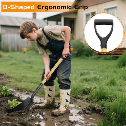 Child digging with All In One 41 Inch Round Point Shovel With D Handle And Cold Rolled Steel Blade Tough Workhorse for gardening.