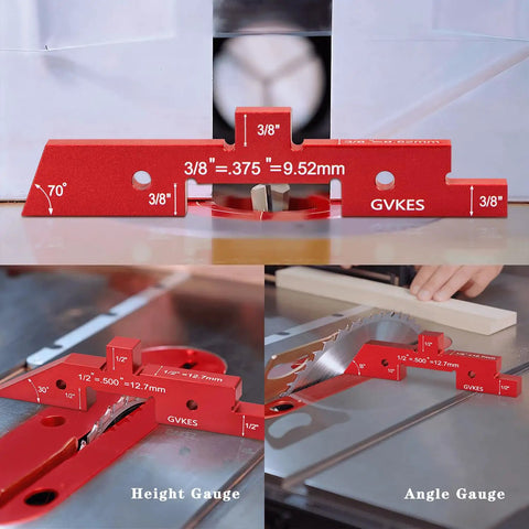 15 Piece Aluminum Setup Blocks With 6061 T651 Precision Height And Depth Gauge System displayed on table saw and router.