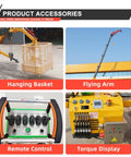 Portable Mini Crawler Crane Delivers Killer Lifting Power Up To 5 Ton Capacity With Smooth Wireless Remote Control And Heavy Duty Hydraulic Telescopic Boom 360 Degree Full Rotation Swing For Tight Indoor Job Sites No Sweat Setup accessories including hanging basket, flying arm, remote control, and torque display.