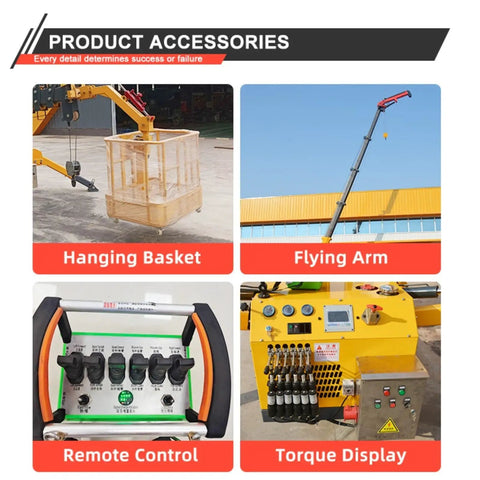 Portable Mini Crawler Crane Delivers Killer Lifting Power Up To 5 Ton Capacity With Smooth Wireless Remote Control And Heavy Duty Hydraulic Telescopic Boom 360 Degree Full Rotation Swing For Tight Indoor Job Sites No Sweat Setup accessories including hanging basket, flying arm, remote control, and torque display.