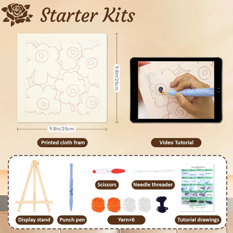 Illustration of plant themed punch needle kit for adults and beginners showing contents and video tutorial, 25cm printed cloth frame