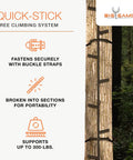 20 Foot Quick Stick Climbing Sticks Tree Stand Hunting Gear System with buckle strap illustration, supports 300 lbs.