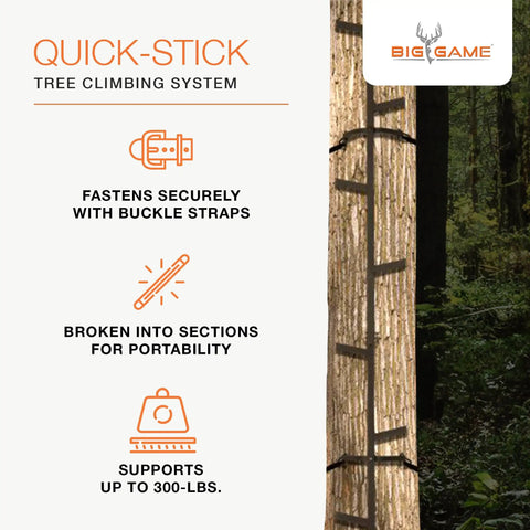 20 Foot Quick Stick Climbing Sticks Tree Stand Hunting Gear System with buckle strap illustration, supports 300 lbs.