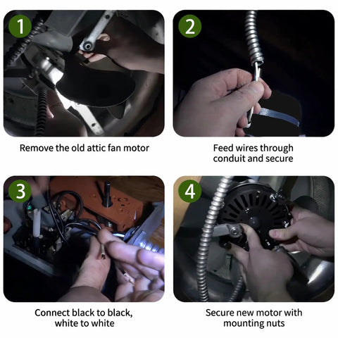 Installation guide for Attic Fan Replacement Motor Kit for Lomanco 2000 Power Vent Black, showing step-by-step motor installation.