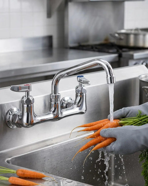 Lead-Free 8" Center Wall Mount Commercial Kitchen Faucet - 8" Swivel Spout washing fresh carrots in a stainless steel sink.