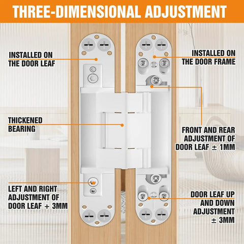 Diagram showing three-dimensional adjustment for 6 Inch Hidden Door Hinges Concealed Invisible Joint Hardware.