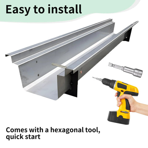 All In One 30 Pack 304 Stainless Steel Gutter Fasteners With 7 Inch Screws shown with hexagonal tool and drill for installation