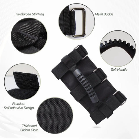 Detail view of Jeep Wrangler Four Pack Grab Handles with metal buckles, reinforced stitching, and soft handle for CJ YJ TJ LJ JK JKU.