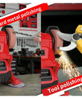 Handheld Cordless Bench Grinder With 75Mm Wheel And 150W Motor polishing metal tools and drill bits in a workshop setting.