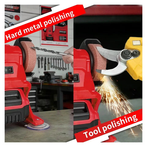 Handheld Cordless Bench Grinder With 75Mm Wheel And 150W Motor polishing metal tools and drill bits in a workshop setting.
