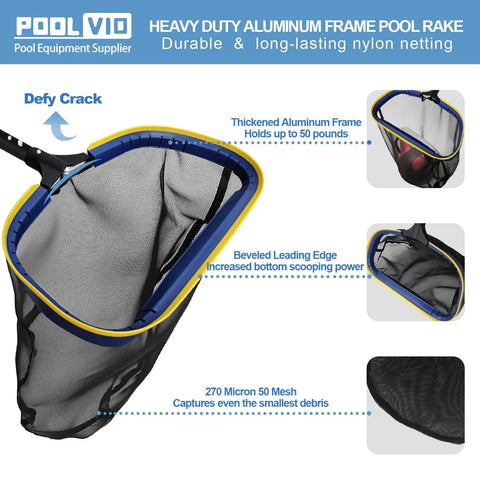 Deluxe Five-In-One Pool Cleaning Kit Ultra-Fine Mesh Leaf Rake with durable aluminum frame and durable nylon netting