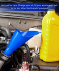 Two Pack Oil Funnel For Auto Care, Spill Saver Long Neck Plastic Engine Filler For Oils Lubricants Water And Other Liquids, Multi Purpose Car Maintenance Tool, Blue inserted in car engine next to yellow container