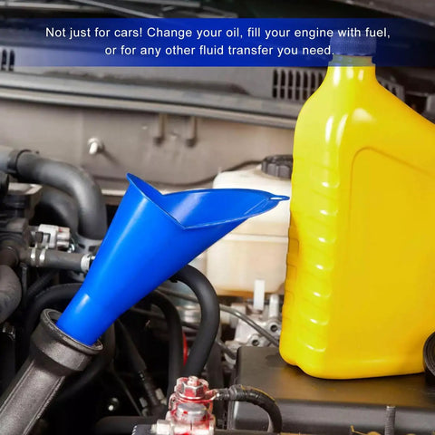 Two Pack Oil Funnel For Auto Care, Spill Saver Long Neck Plastic Engine Filler For Oils Lubricants Water And Other Liquids, Multi Purpose Car Maintenance Tool, Blue inserted in car engine next to yellow container