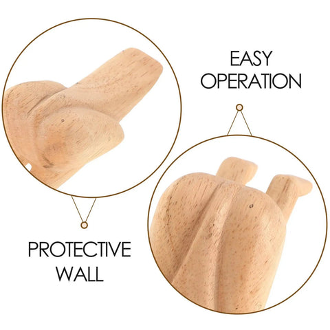 Close-up of wooden door stopper with funny shape, beige color, easy operation and protective wall, for home and office, no tools needed.