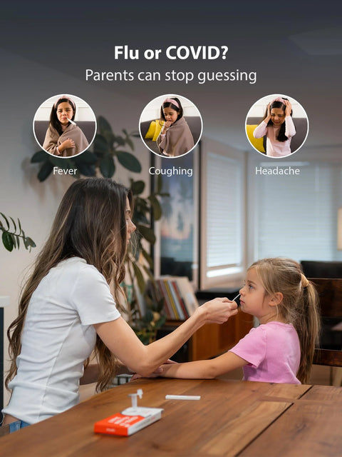 Parent administering 3 In 1 Rapid Antigen Test For Covid And Flu A And B At Home OTC Kit to child with nasal swab