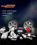 Automotive parts including wheels, springs, battery, and muffler on a black background with YCQ TAOBAO logo.