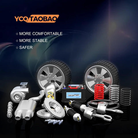 Car parts display including front wheel assembly, tires, shock absorbers, springs, brake disc, and battery with YCQ Taobao branding.