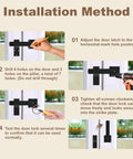 Image showing installation steps for the 6 Inch Barn Door Flip Latch For Fence Gate Hardware And Shed Doors 360 Degree Rotating Lock Matte Black Finish Heavy Duty Metal Latch For Sliding Doors Farm Style Security That Stays Solid.