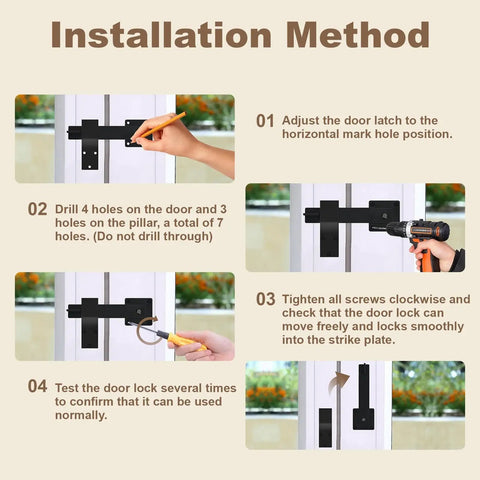 Image showing installation steps for the 6 Inch Barn Door Flip Latch For Fence Gate Hardware And Shed Doors 360 Degree Rotating Lock Matte Black Finish Heavy Duty Metal Latch For Sliding Doors Farm Style Security That Stays Solid.