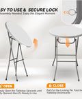 32 Inch Plastic Folding Round Bar Height Table With Gray Metal Finish for easy setup and secure lock demonstration