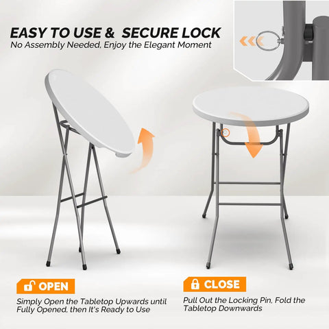 32 Inch Plastic Folding Round Bar Height Table With Gray Metal Finish for easy setup and secure lock demonstration