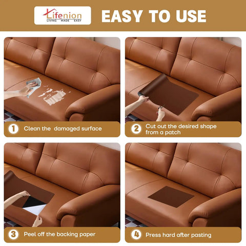 Step-by-step use of Leather Repair Patch Kit Self Adhesive 17x79 Inch Large Vinyl Patch Tape For Couches Sofas Furniture.