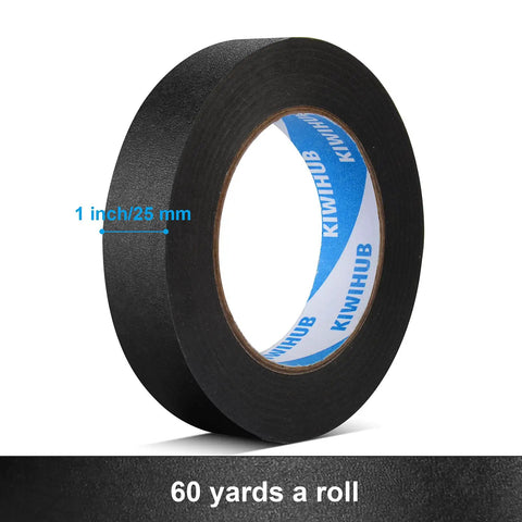 Black Painter Tape 1 Inch By 60 Yards, Medium Adhesive Masking Tape, UV Resistant, shown in roll with measurements and label.