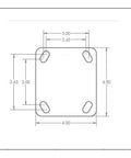 Technical diagram of 4 mount plate with slotted bolt holes for 6x2 Inch Caster Set For Dumpsters And Trash Bins.