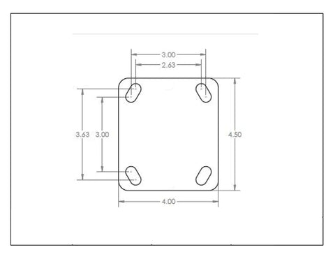 Technical diagram of 4 mount plate with slotted bolt holes for 6x2 Inch Caster Set For Dumpsters And Trash Bins.