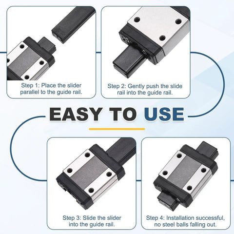 Instructions for MGN9H Linear Bearing Carriage Block With Mini Guide And Wrench showing installation steps on the 9mm rail system.