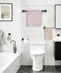 4 Piece Matte Black Bathroom Hardware Set Stainless Steel Towel Bar Hand Towel Holder Toilet Paper Holder Towel Hooks in use in modern bathroom