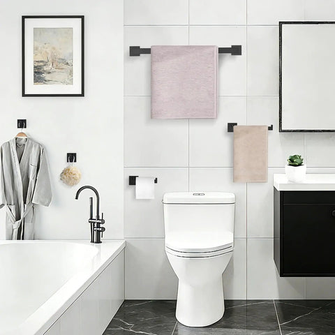 4 Piece Matte Black Bathroom Hardware Set Stainless Steel Towel Bar Hand Towel Holder Toilet Paper Holder Towel Hooks in use in modern bathroom